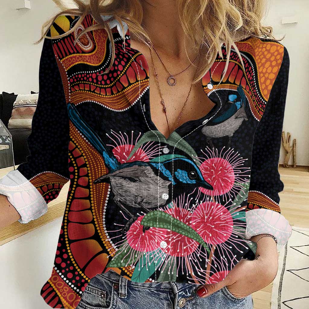 Hakea Flower And Fairy Wren Australia Women Casual Shirt Aboriginal Art - Vibe Hoodie Shop
