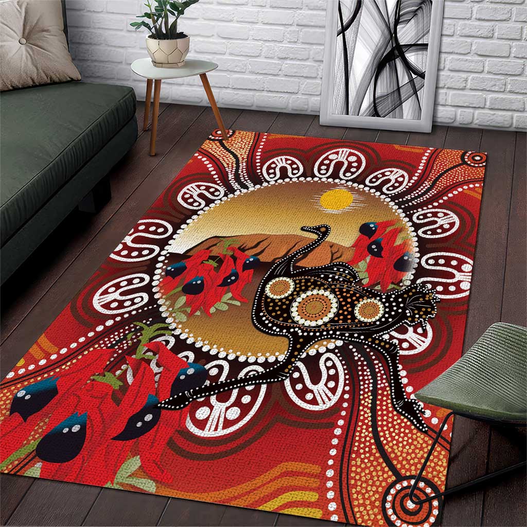 Sturt's Desert Pea And Emu Australia Area Rug Uluru Aboriginal Art - Vibe Hoodie Shop