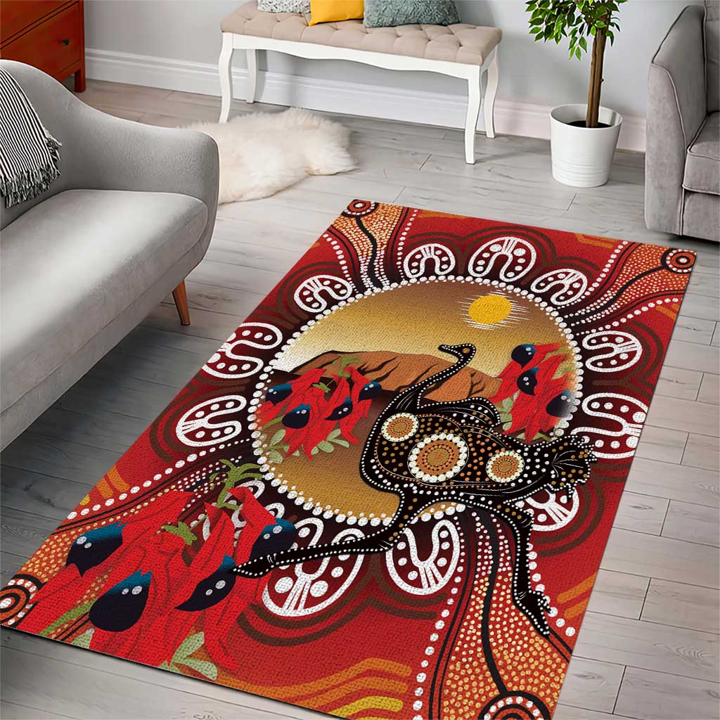 Sturt's Desert Pea And Emu Australia Area Rug Uluru Aboriginal Art - Vibe Hoodie Shop