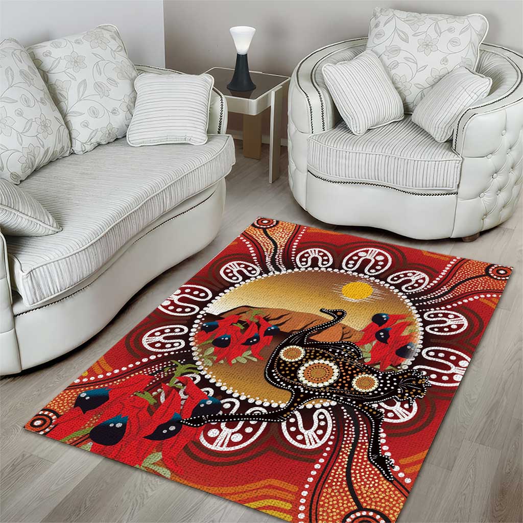 Sturt's Desert Pea And Emu Australia Area Rug Uluru Aboriginal Art - Vibe Hoodie Shop