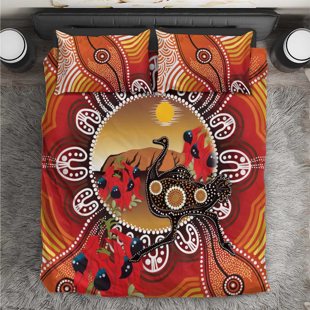 Sturt's Desert Pea And Emu Australia Bedding Set Uluru Aboriginal Art - Vibe Hoodie Shop