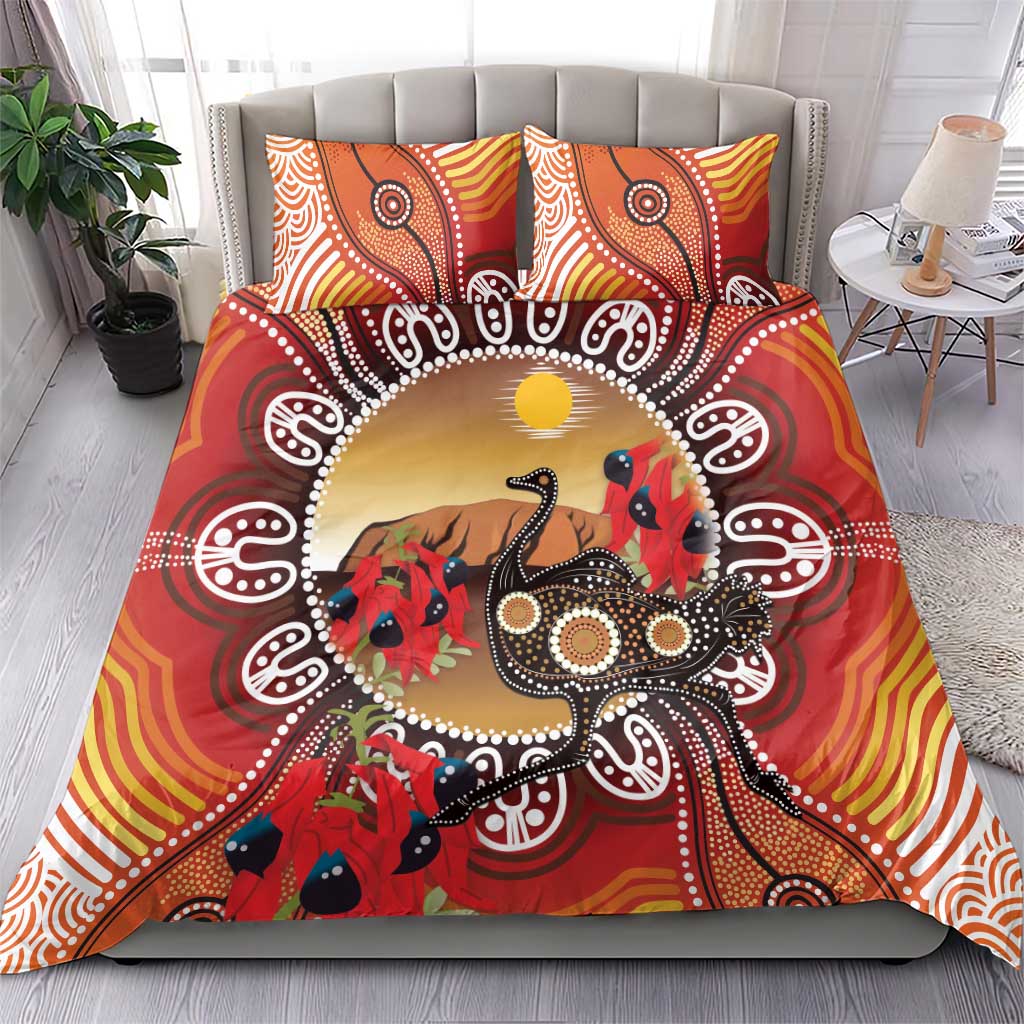 Sturt's Desert Pea And Emu Australia Bedding Set Uluru Aboriginal Art - Vibe Hoodie Shop