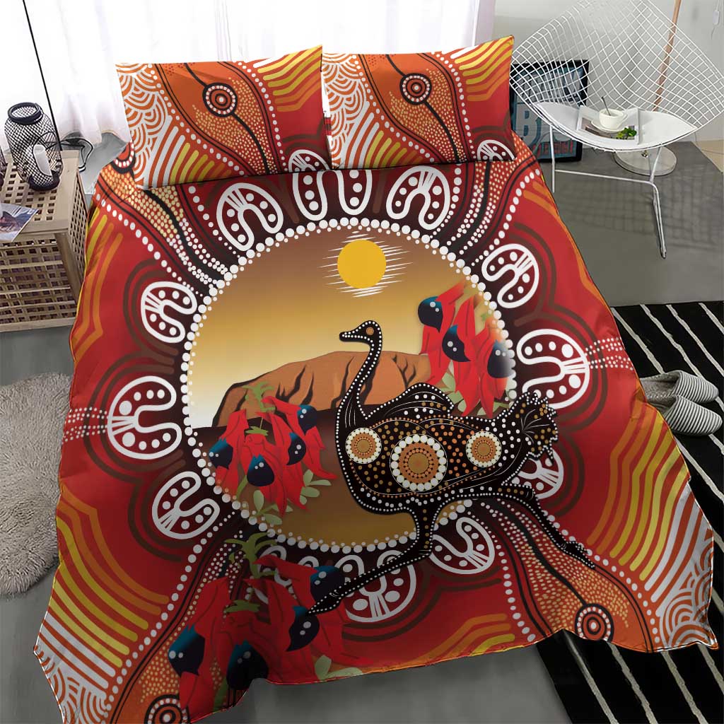 Sturt's Desert Pea And Emu Australia Bedding Set Uluru Aboriginal Art - Vibe Hoodie Shop
