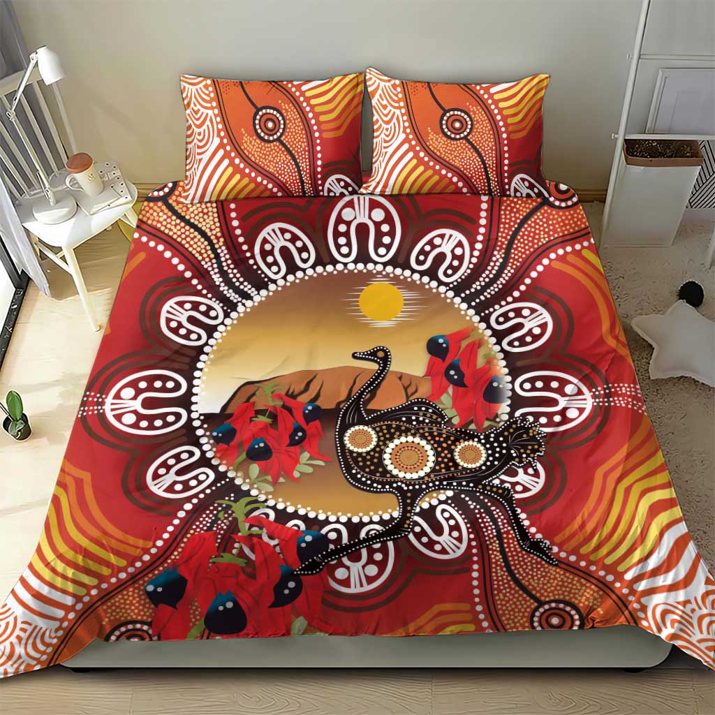 Sturt's Desert Pea And Emu Australia Bedding Set Uluru Aboriginal Art - Vibe Hoodie Shop