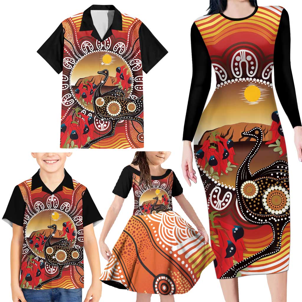 Sturt's Desert Pea And Emu Australia Family Matching Long Sleeve Bodycon Dress and Hawaiian Shirt Uluru Aboriginal Art