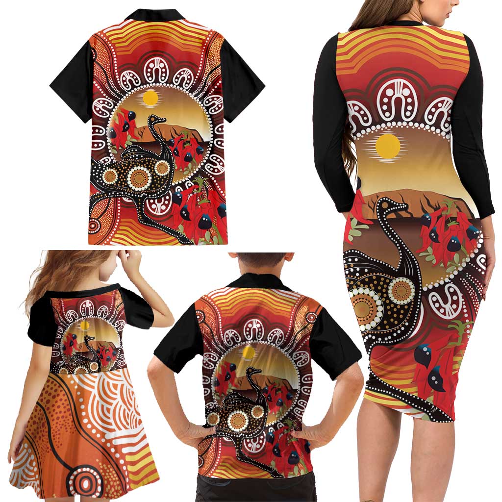 Sturt's Desert Pea And Emu Australia Family Matching Long Sleeve Bodycon Dress and Hawaiian Shirt Uluru Aboriginal Art