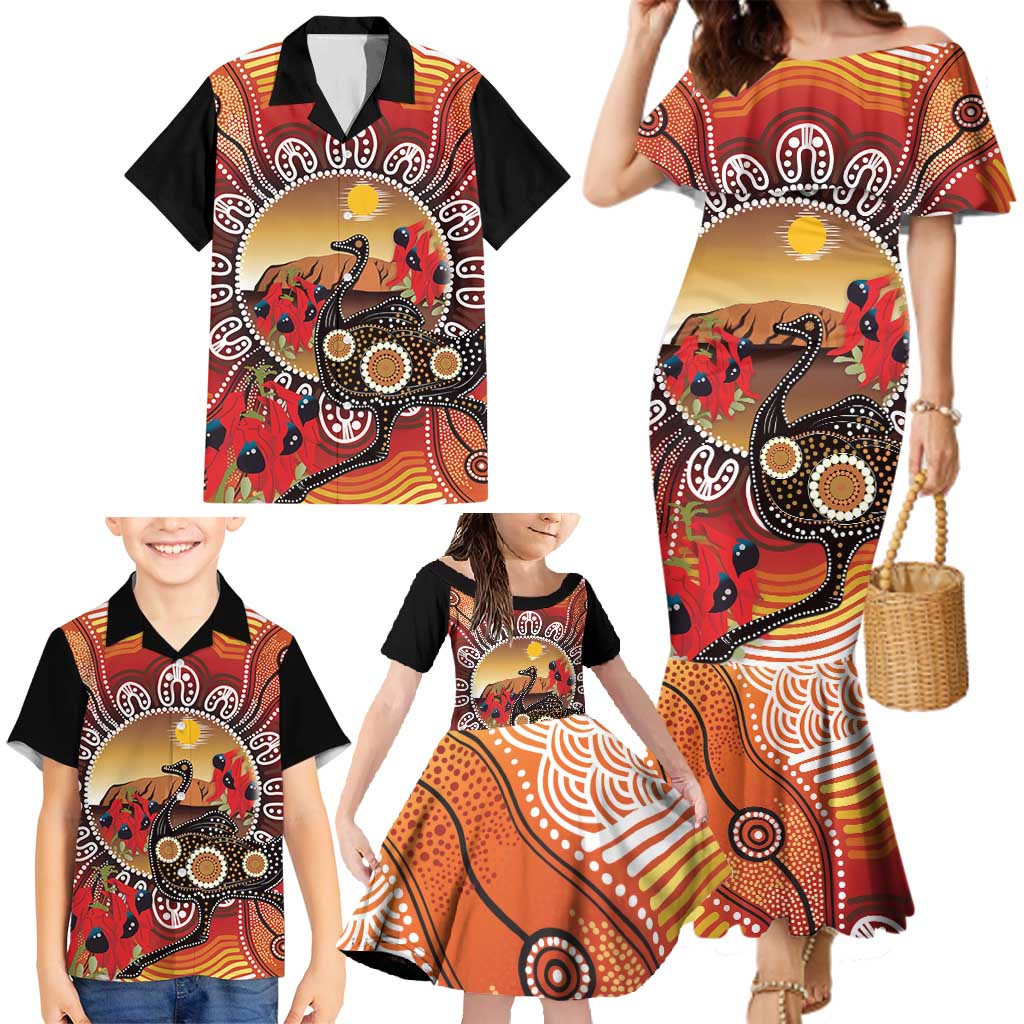 Sturt's Desert Pea And Emu Australia Family Matching Mermaid Dress and Hawaiian Shirt Uluru Aboriginal Art