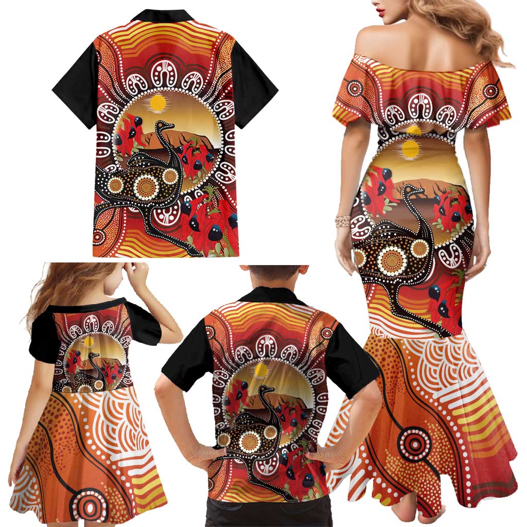 Sturt's Desert Pea And Emu Australia Family Matching Mermaid Dress and Hawaiian Shirt Uluru Aboriginal Art