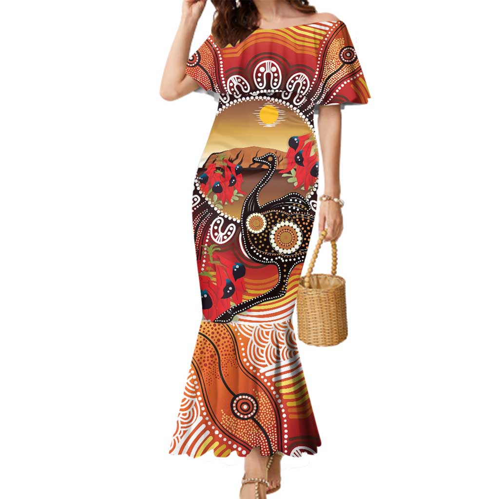 Sturt's Desert Pea And Emu Australia Family Matching Mermaid Dress and Hawaiian Shirt Uluru Aboriginal Art