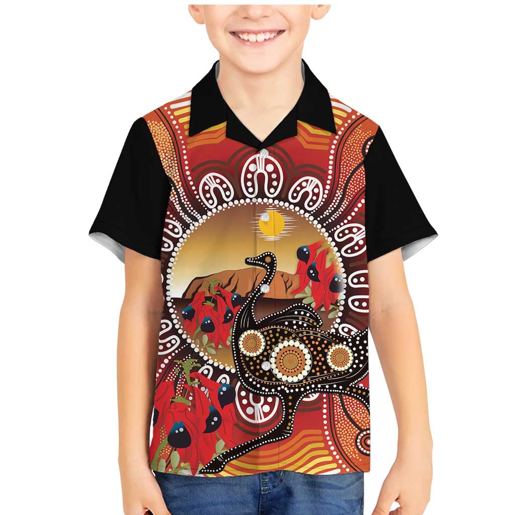 Sturt's Desert Pea And Emu Australia Family Matching Mermaid Dress and Hawaiian Shirt Uluru Aboriginal Art
