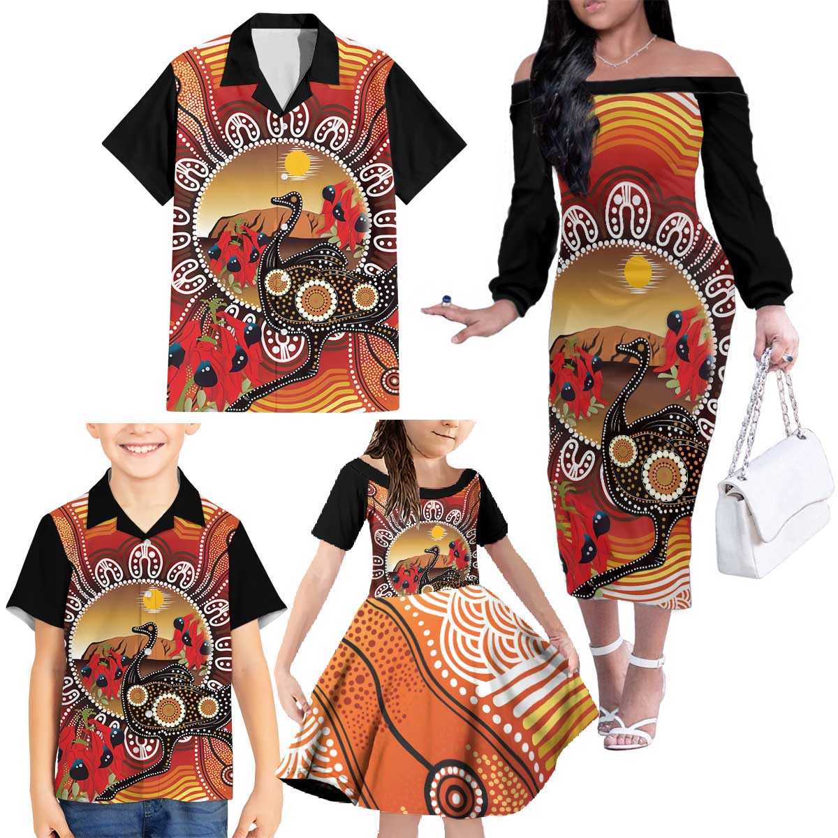 Sturt's Desert Pea And Emu Australia Family Matching Off The Shoulder Long Sleeve Dress and Hawaiian Shirt Uluru Aboriginal Art
