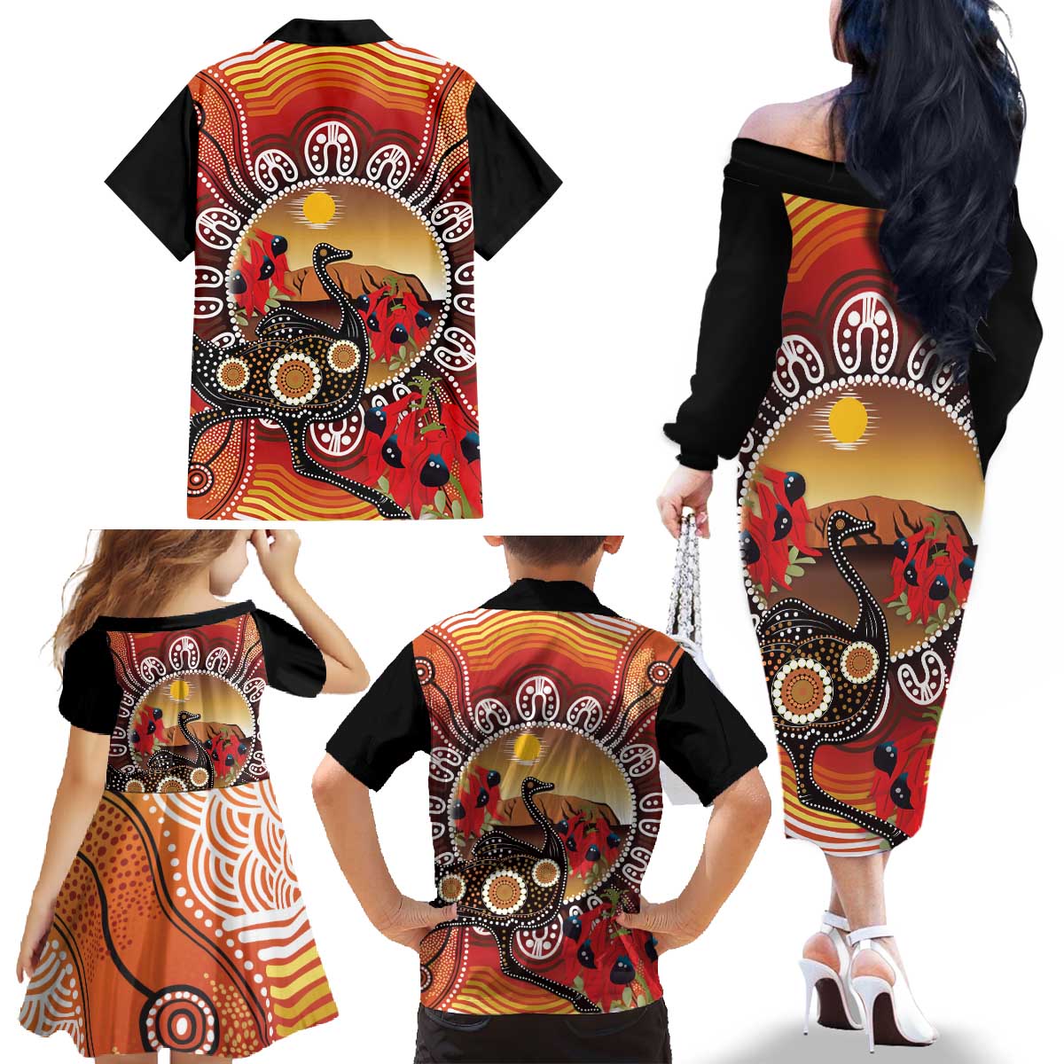 Sturt's Desert Pea And Emu Australia Family Matching Off The Shoulder Long Sleeve Dress and Hawaiian Shirt Uluru Aboriginal Art