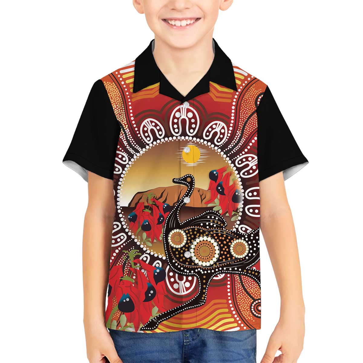 Sturt's Desert Pea And Emu Australia Family Matching Off The Shoulder Long Sleeve Dress and Hawaiian Shirt Uluru Aboriginal Art