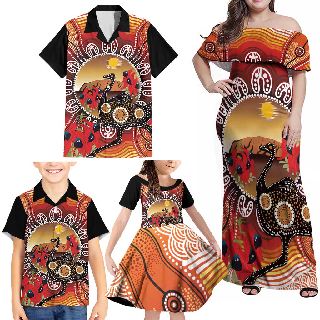 Sturt's Desert Pea And Emu Australia Family Matching Off Shoulder Maxi Dress and Hawaiian Shirt Uluru Aboriginal Art