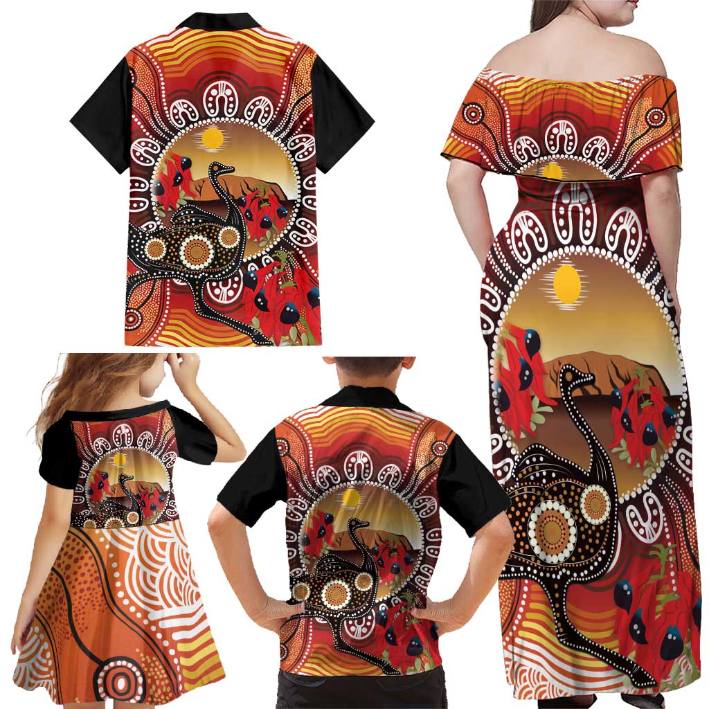 Sturt's Desert Pea And Emu Australia Family Matching Off Shoulder Maxi Dress and Hawaiian Shirt Uluru Aboriginal Art