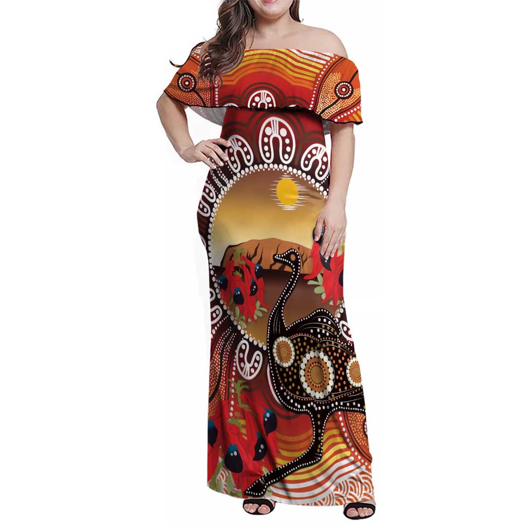 Sturt's Desert Pea And Emu Australia Family Matching Off Shoulder Maxi Dress and Hawaiian Shirt Uluru Aboriginal Art