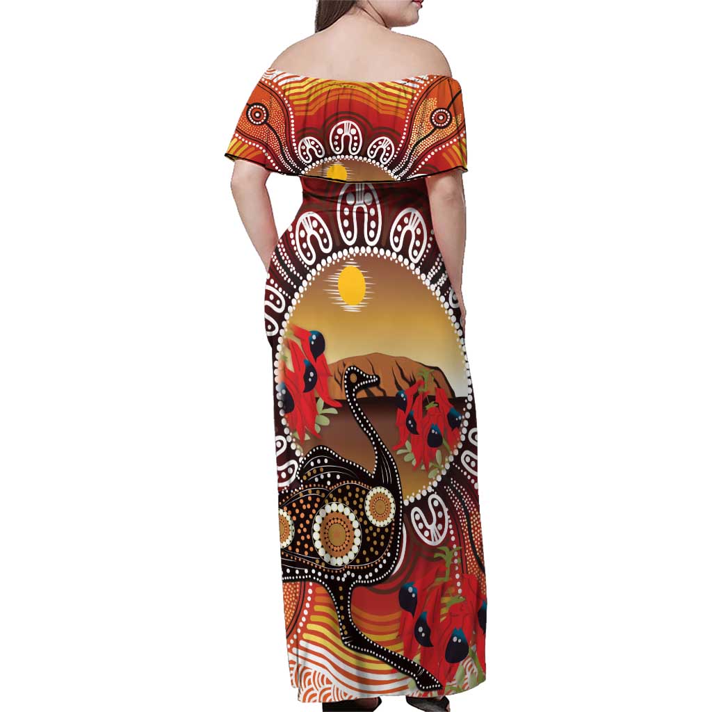 Sturt's Desert Pea And Emu Australia Family Matching Off Shoulder Maxi Dress and Hawaiian Shirt Uluru Aboriginal Art