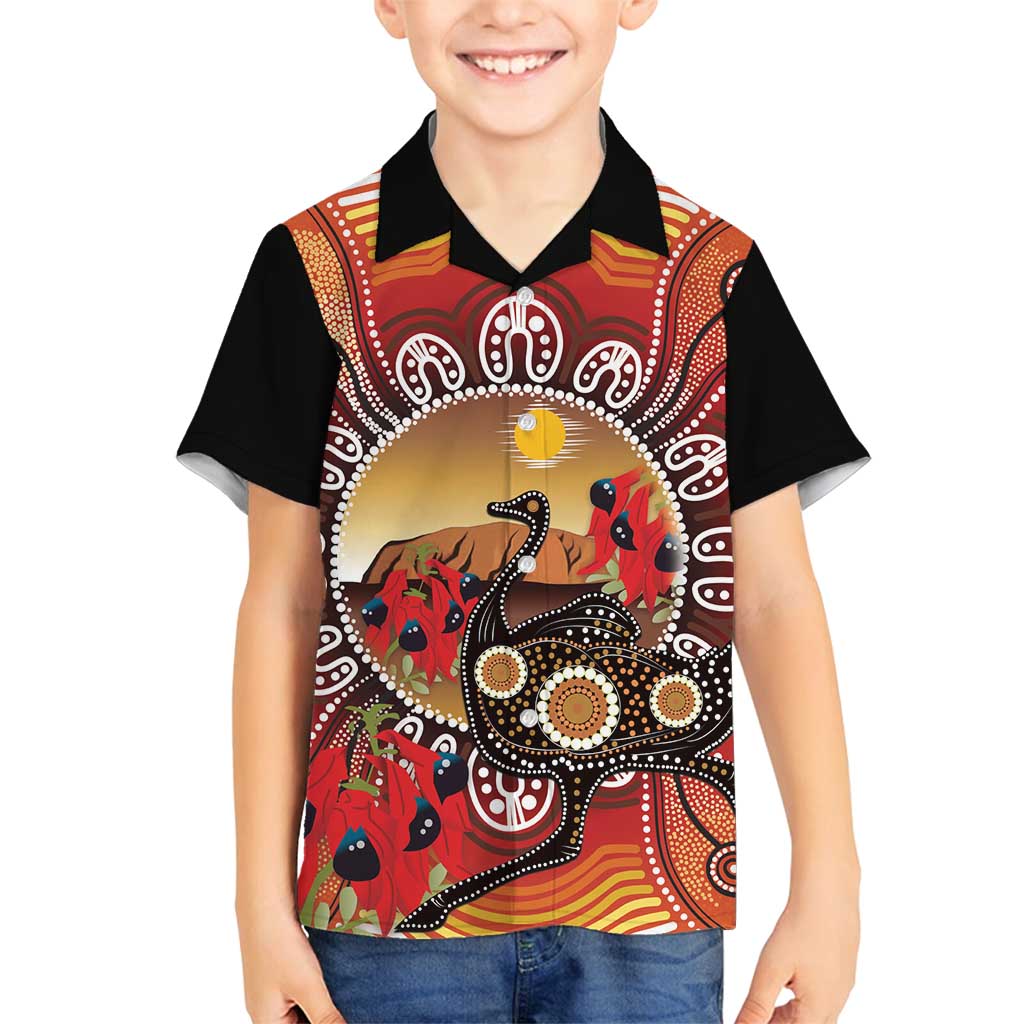 Sturt's Desert Pea And Emu Australia Family Matching Off Shoulder Maxi Dress and Hawaiian Shirt Uluru Aboriginal Art