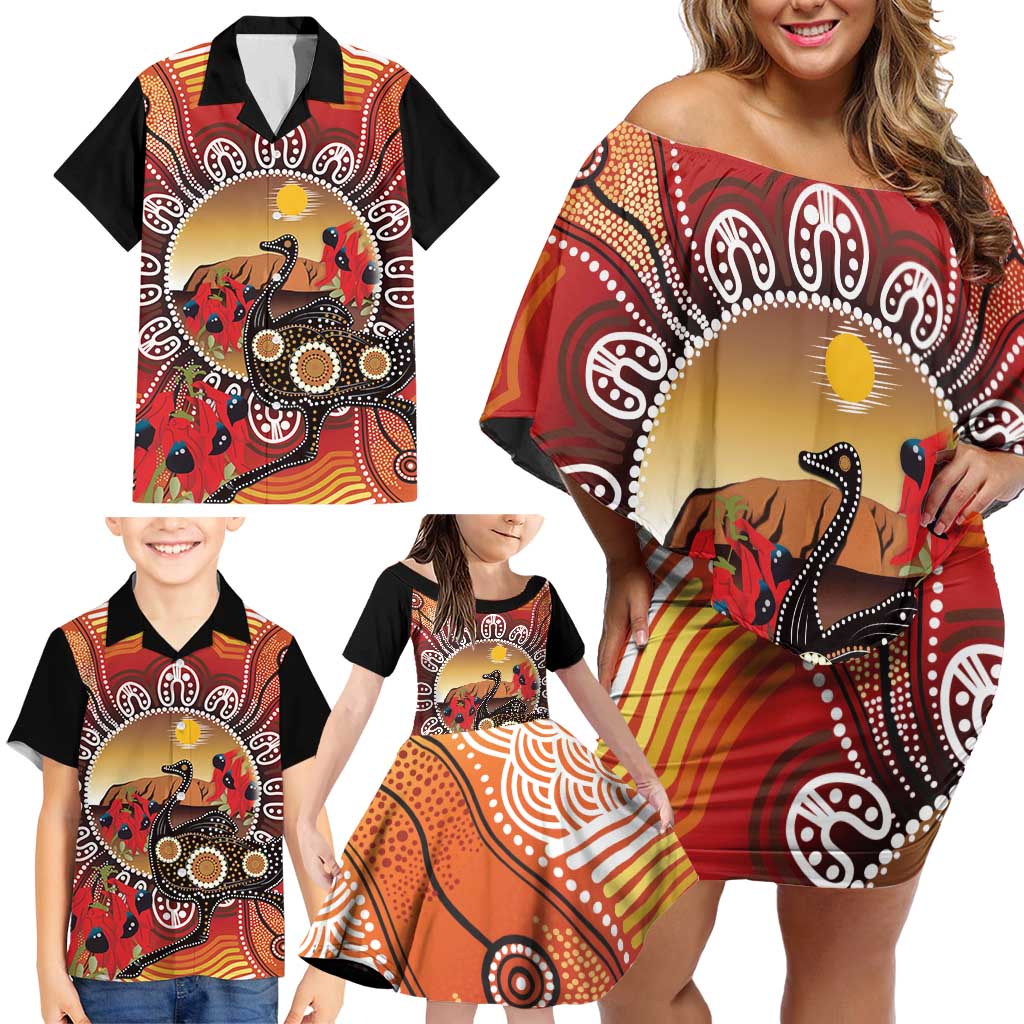 Sturt's Desert Pea And Emu Australia Family Matching Off Shoulder Short Dress and Hawaiian Shirt Uluru Aboriginal Art