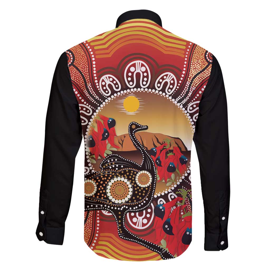 Sturt's Desert Pea And Emu Australia Family Matching Off Shoulder Short Dress and Hawaiian Shirt Uluru Aboriginal Art