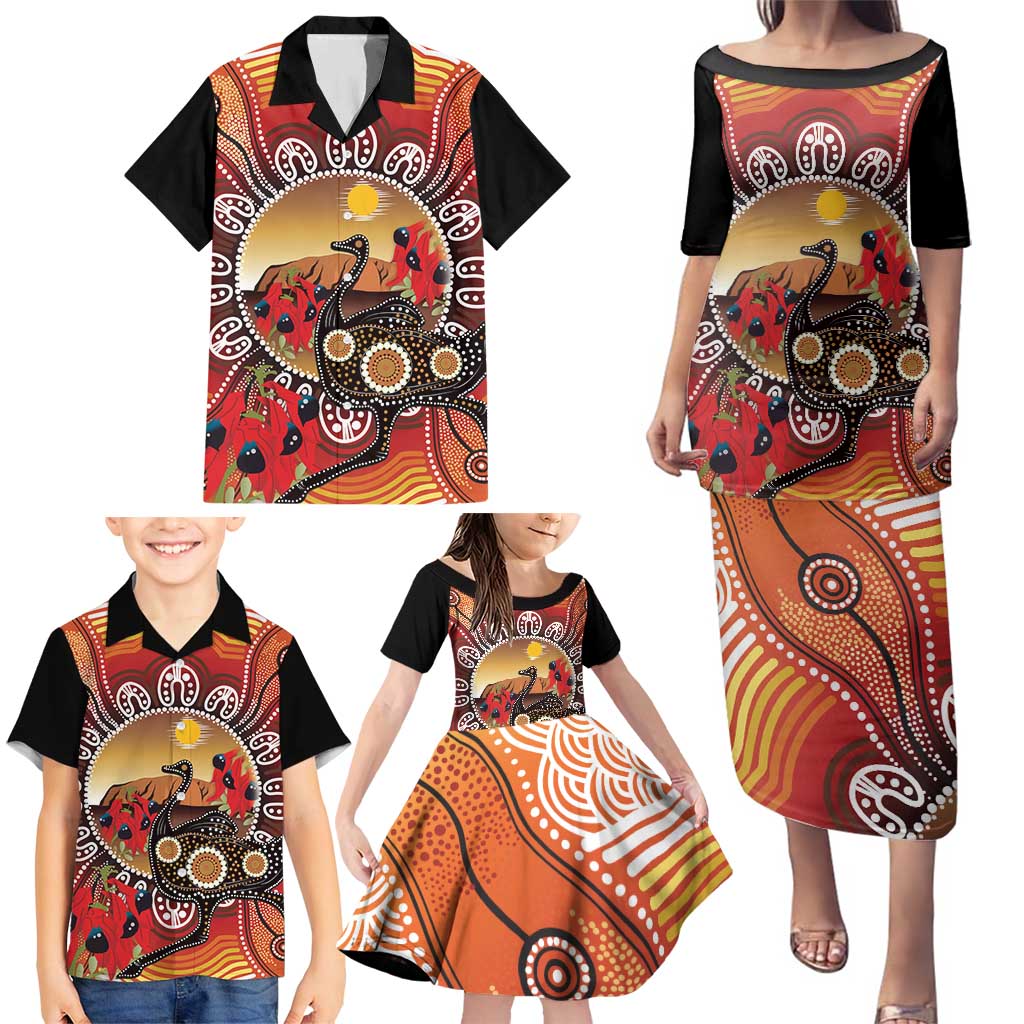 Sturt's Desert Pea And Emu Australia Family Matching Puletasi and Hawaiian Shirt Uluru Aboriginal Art