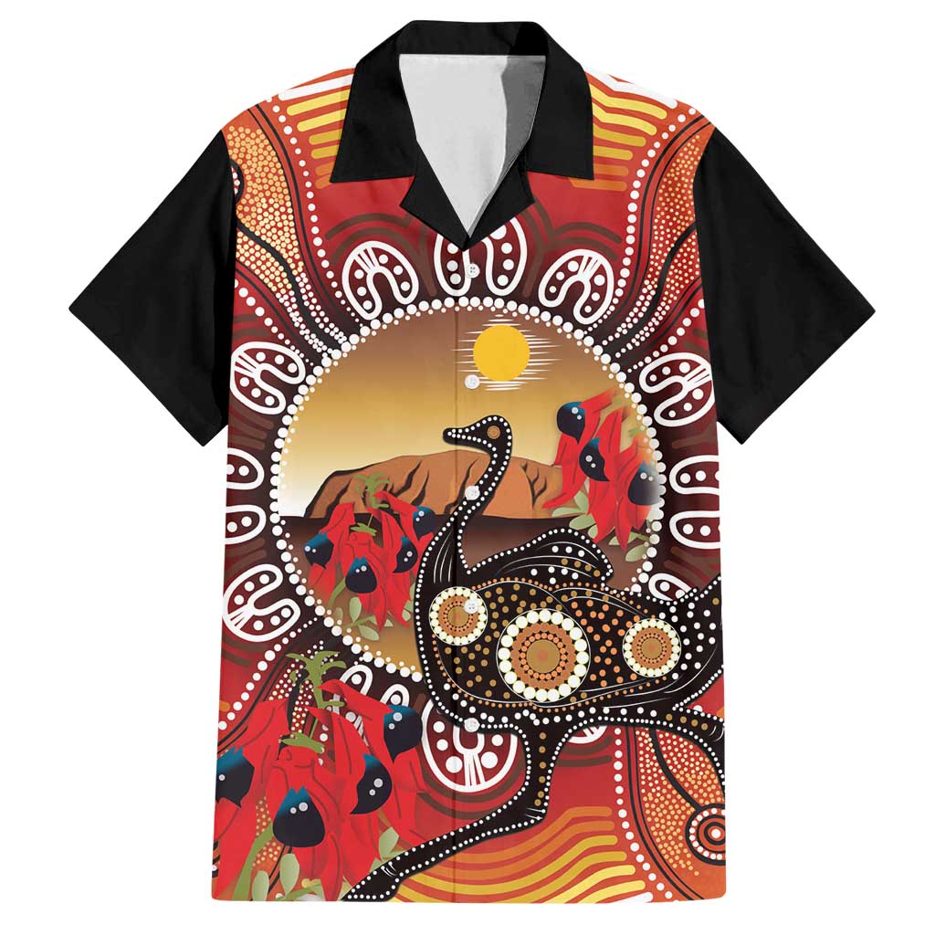 Sturt's Desert Pea And Emu Australia Family Matching Puletasi and Hawaiian Shirt Uluru Aboriginal Art