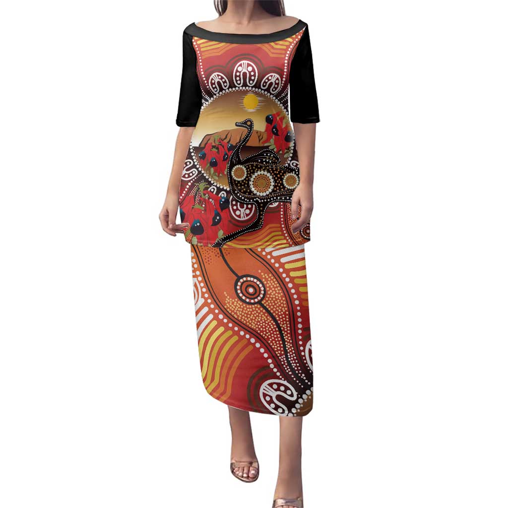 Sturt's Desert Pea And Emu Australia Family Matching Puletasi and Hawaiian Shirt Uluru Aboriginal Art