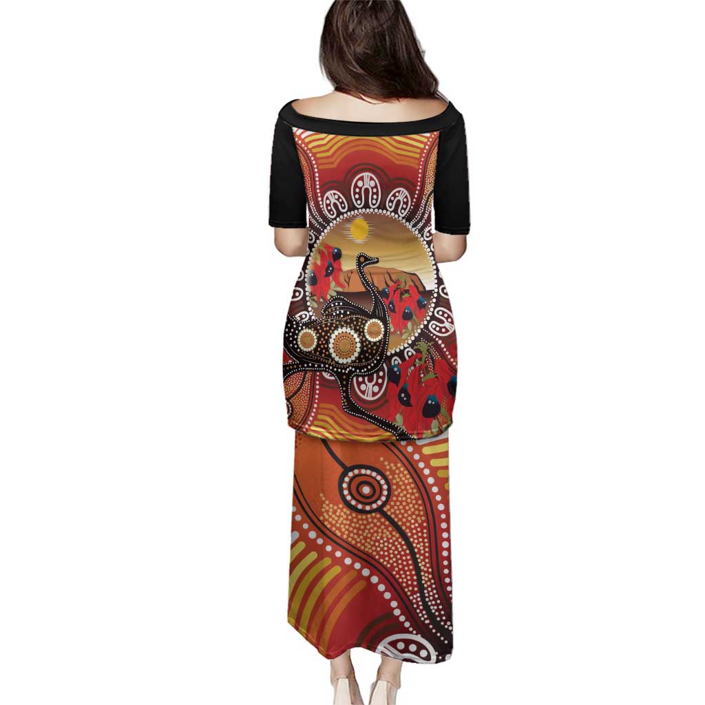 Sturt's Desert Pea And Emu Australia Family Matching Puletasi and Hawaiian Shirt Uluru Aboriginal Art