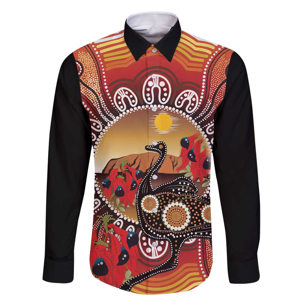 Sturt's Desert Pea And Emu Australia Family Matching Short Sleeve Bodycon Dress and Hawaiian Shirt Uluru Aboriginal Art