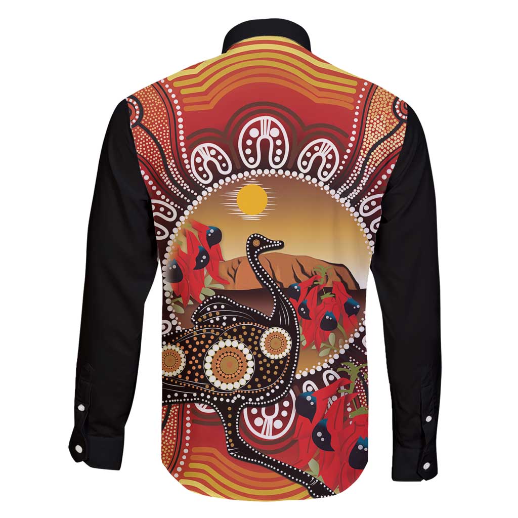 Sturt's Desert Pea And Emu Australia Family Matching Short Sleeve Bodycon Dress and Hawaiian Shirt Uluru Aboriginal Art