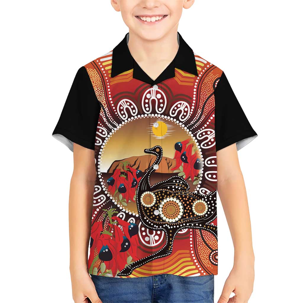 Sturt's Desert Pea And Emu Australia Family Matching Short Sleeve Bodycon Dress and Hawaiian Shirt Uluru Aboriginal Art