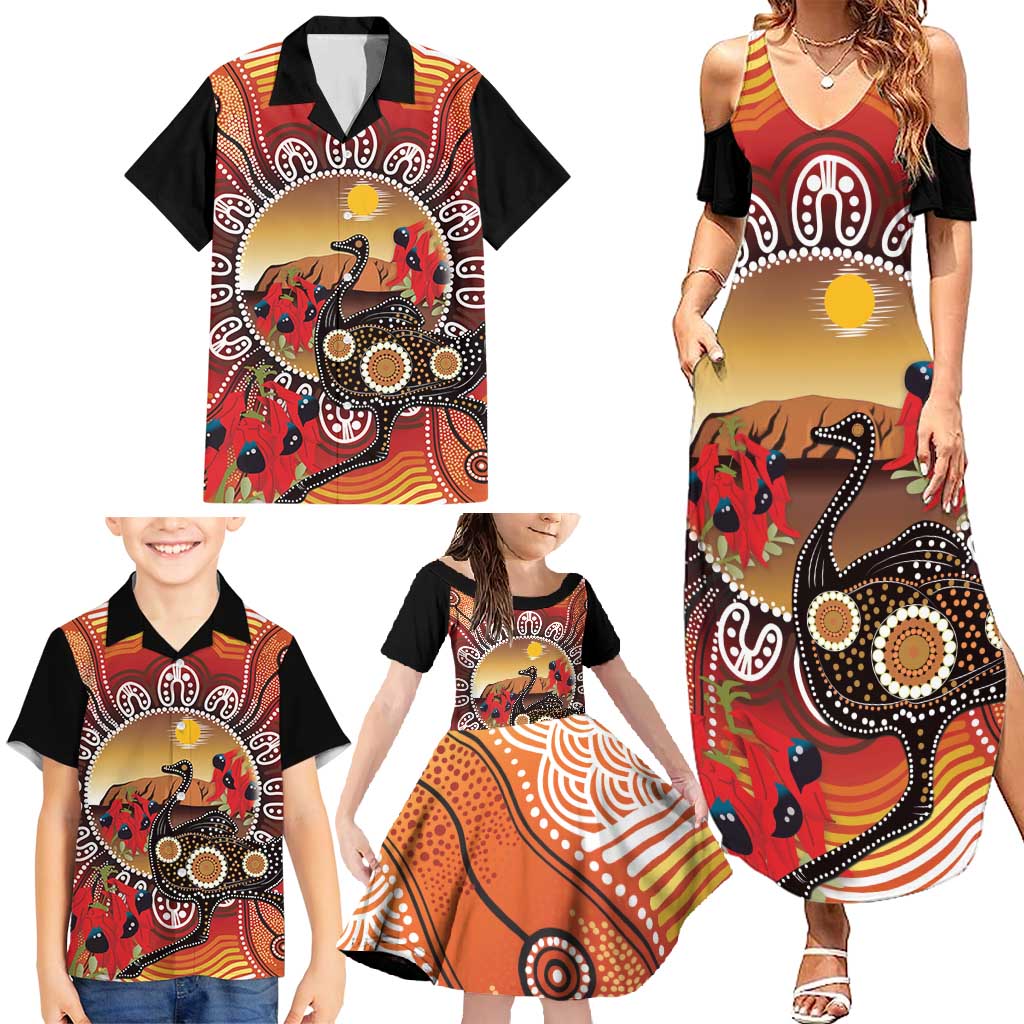 Sturt's Desert Pea And Emu Australia Family Matching Summer Maxi Dress and Hawaiian Shirt Uluru Aboriginal Art