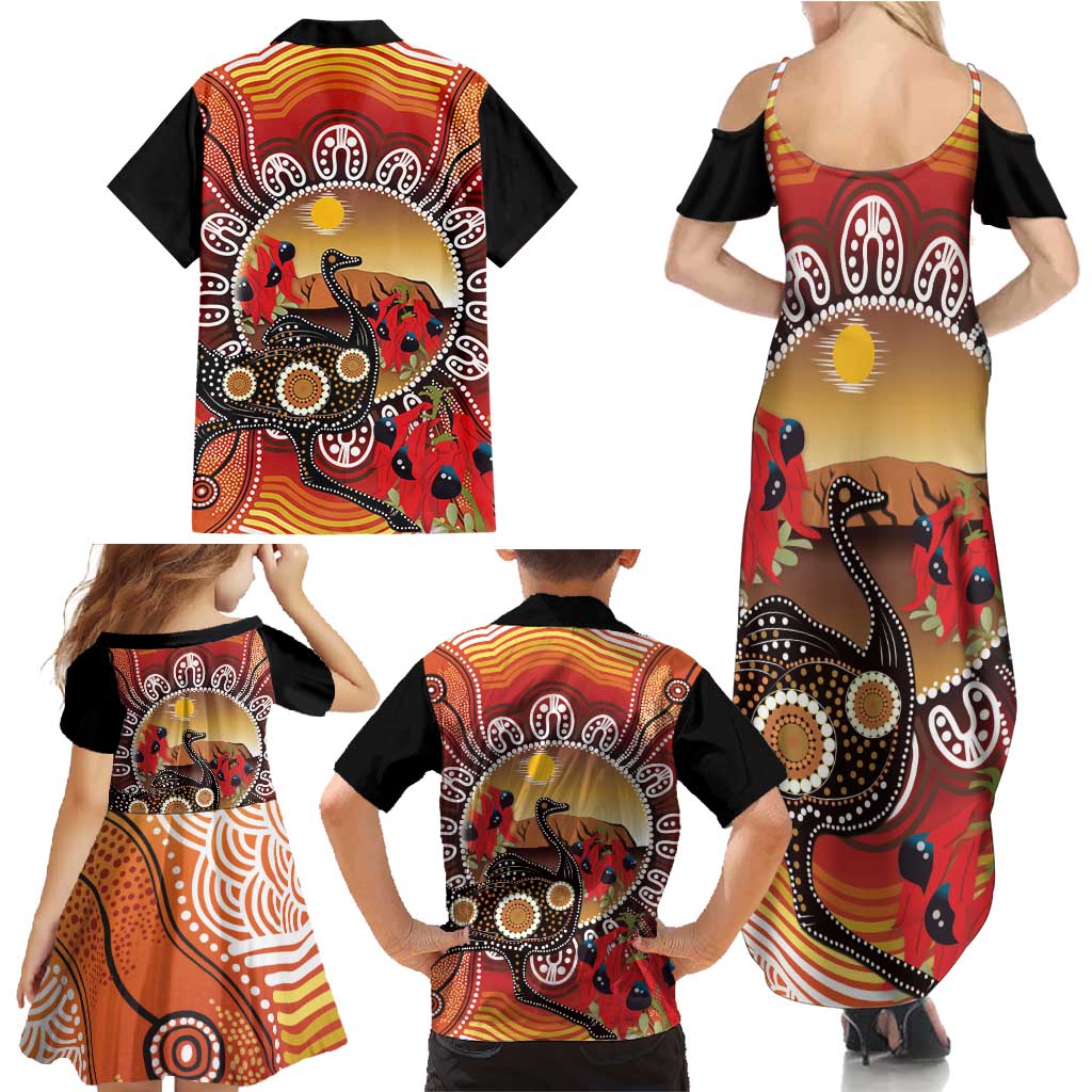 Sturt's Desert Pea And Emu Australia Family Matching Summer Maxi Dress and Hawaiian Shirt Uluru Aboriginal Art