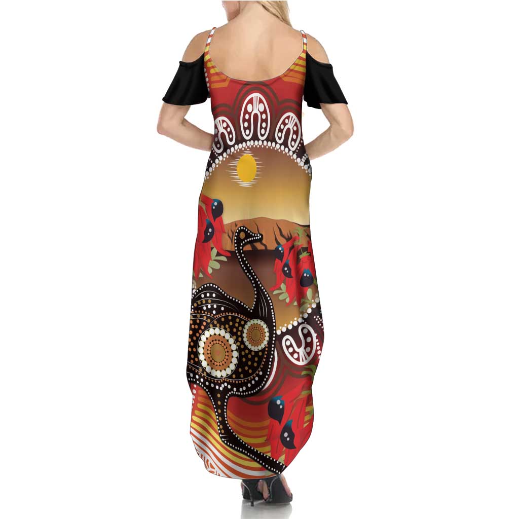 Sturt's Desert Pea And Emu Australia Family Matching Summer Maxi Dress and Hawaiian Shirt Uluru Aboriginal Art