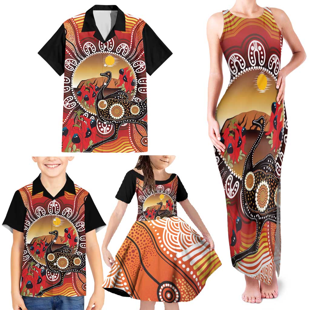 Sturt's Desert Pea And Emu Australia Family Matching Tank Maxi Dress and Hawaiian Shirt Uluru Aboriginal Art