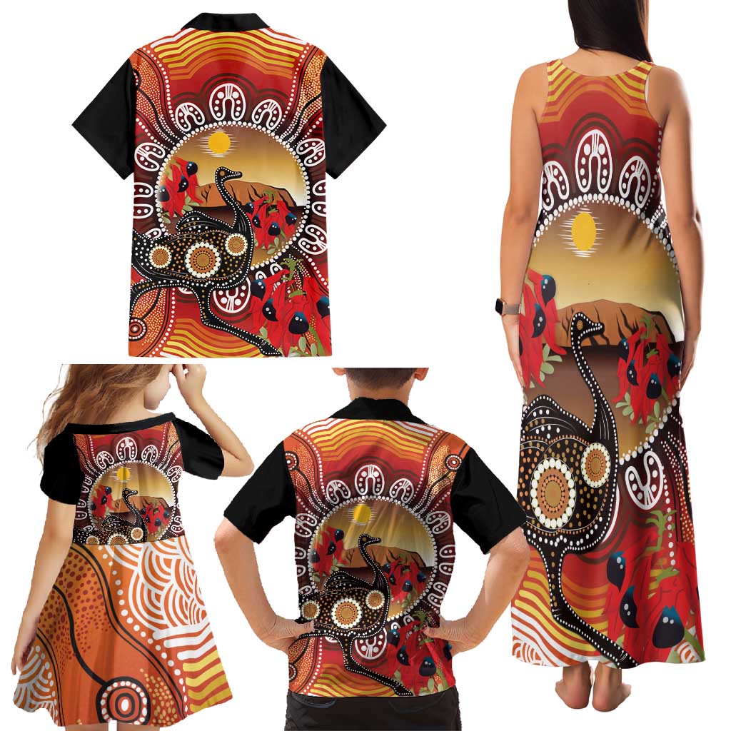 Sturt's Desert Pea And Emu Australia Family Matching Tank Maxi Dress and Hawaiian Shirt Uluru Aboriginal Art