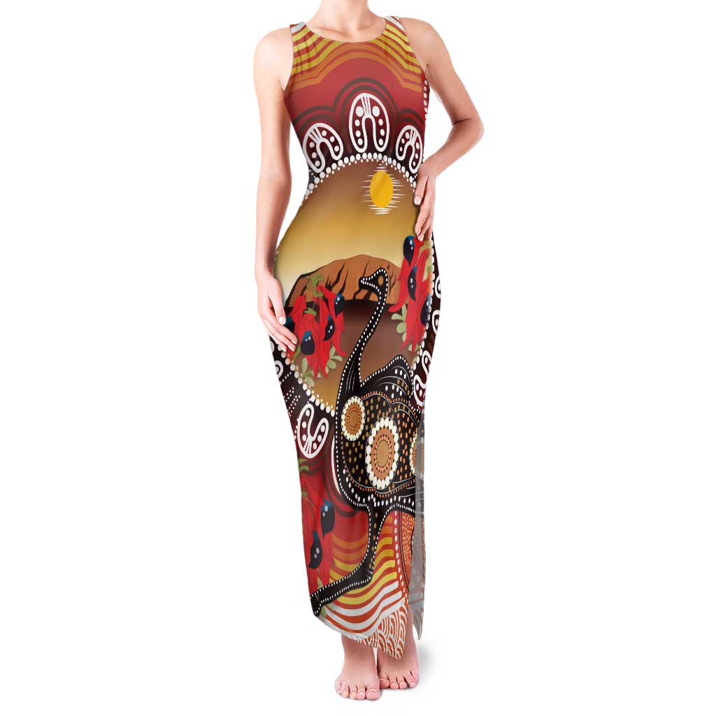 Sturt's Desert Pea And Emu Australia Family Matching Tank Maxi Dress and Hawaiian Shirt Uluru Aboriginal Art