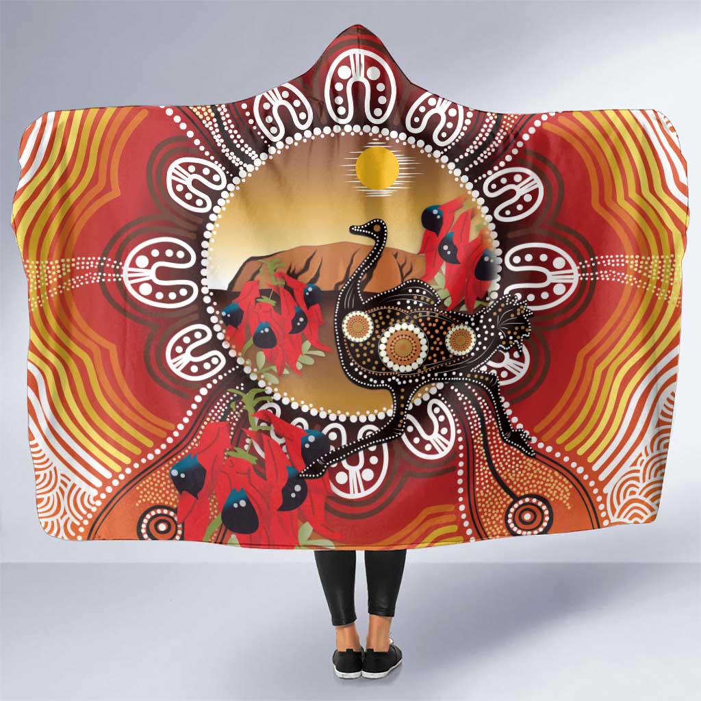 Sturt's Desert Pea And Emu Australia Hooded Blanket Uluru Aboriginal Art