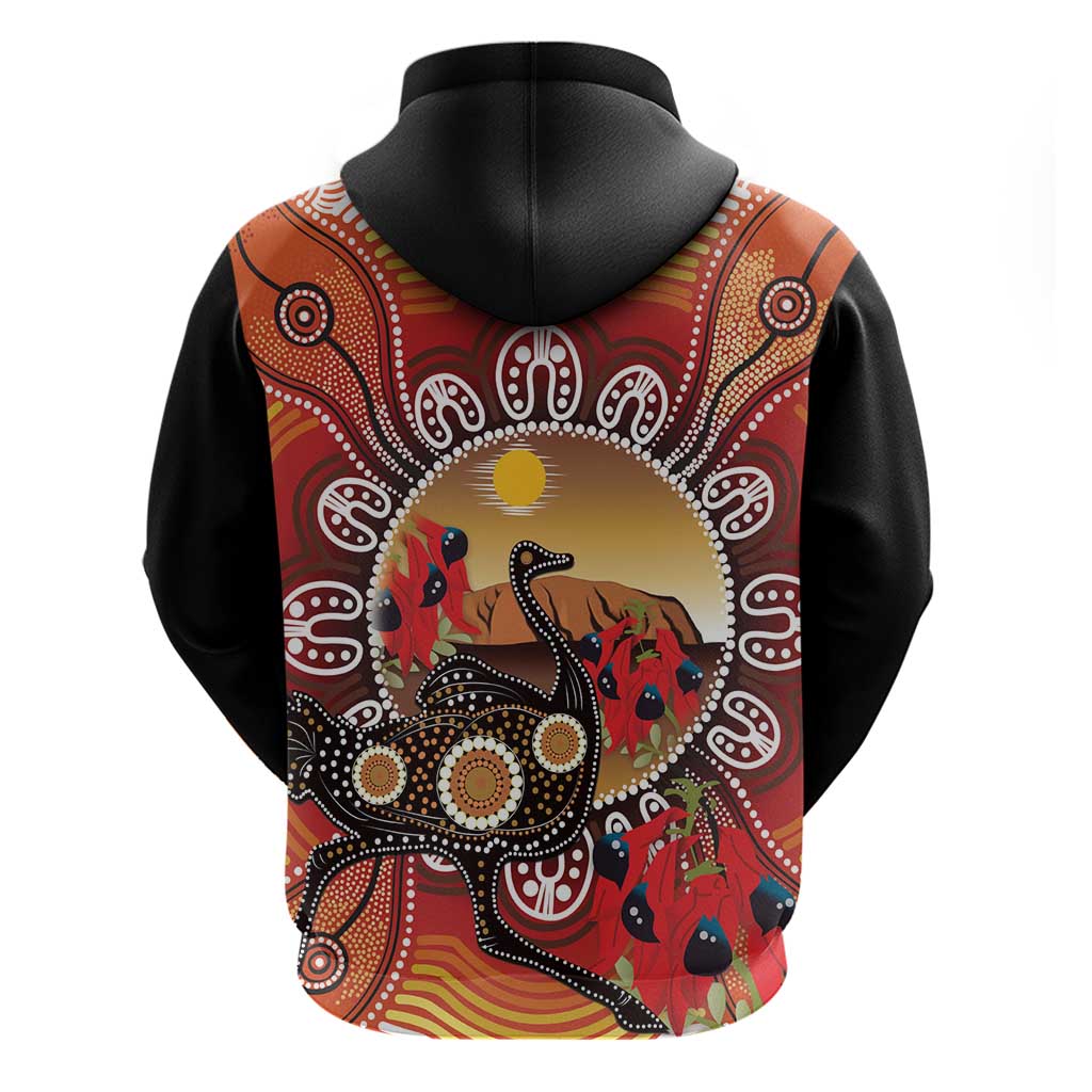 Sturt's Desert Pea And Emu Australia Hoodie Uluru Aboriginal Art - Vibe Hoodie Shop