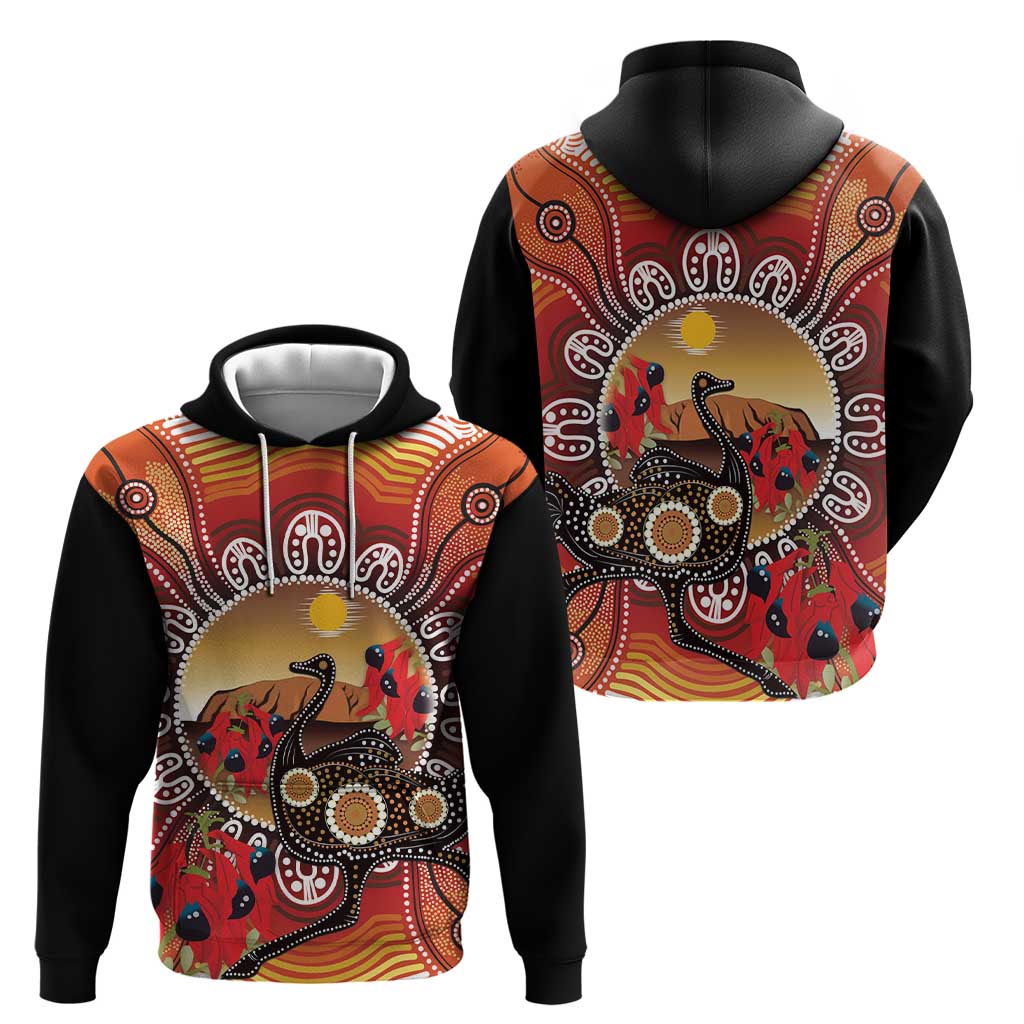 Sturt's Desert Pea And Emu Australia Hoodie Uluru Aboriginal Art - Vibe Hoodie Shop