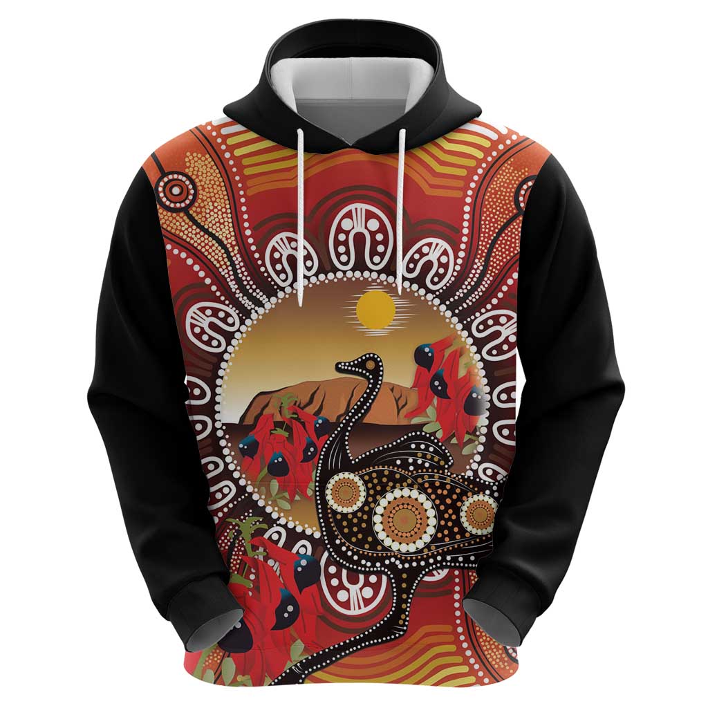 Sturt's Desert Pea And Emu Australia Hoodie Uluru Aboriginal Art - Vibe Hoodie Shop