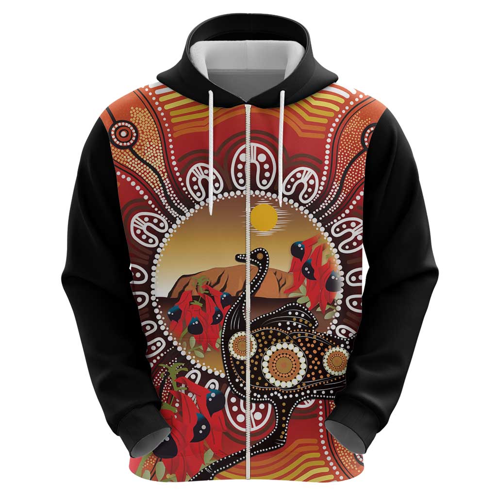 Sturt's Desert Pea And Emu Australia Hoodie Uluru Aboriginal Art - Vibe Hoodie Shop