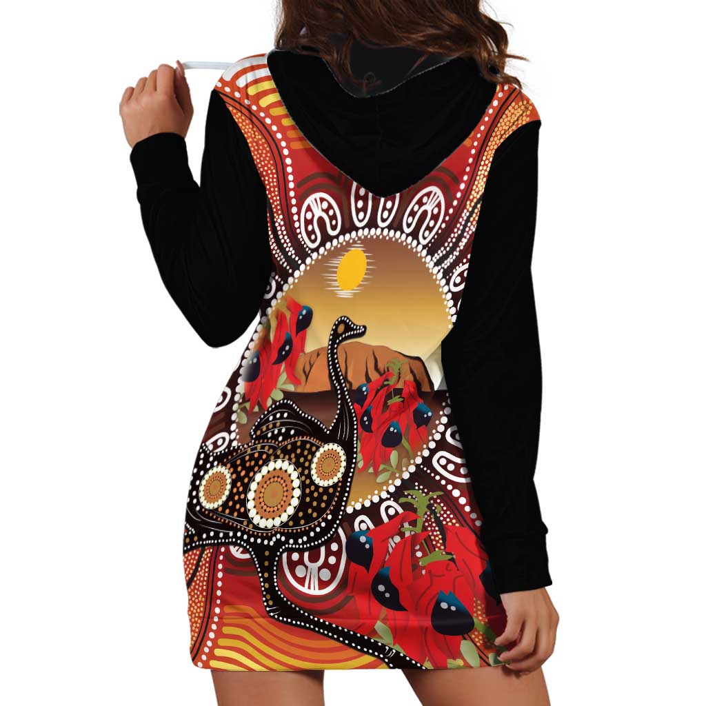 Sturt's Desert Pea And Emu Australia Hoodie Dress Uluru Aboriginal Art - Vibe Hoodie Shop