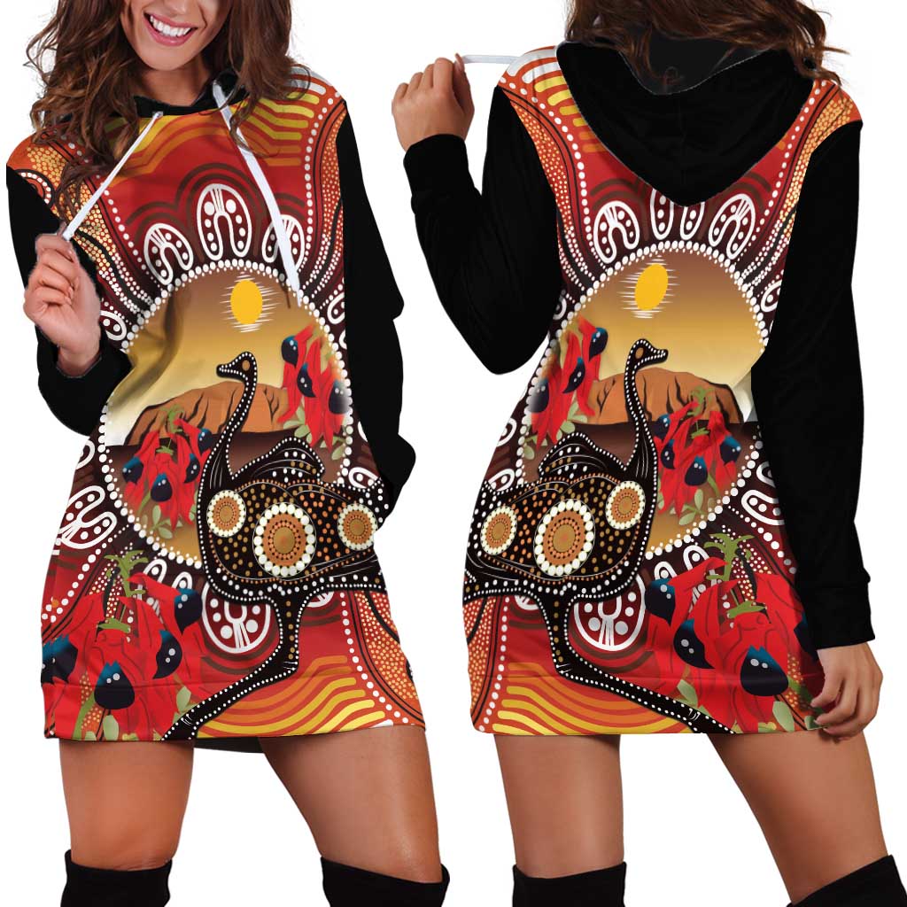 Sturt's Desert Pea And Emu Australia Hoodie Dress Uluru Aboriginal Art - Vibe Hoodie Shop