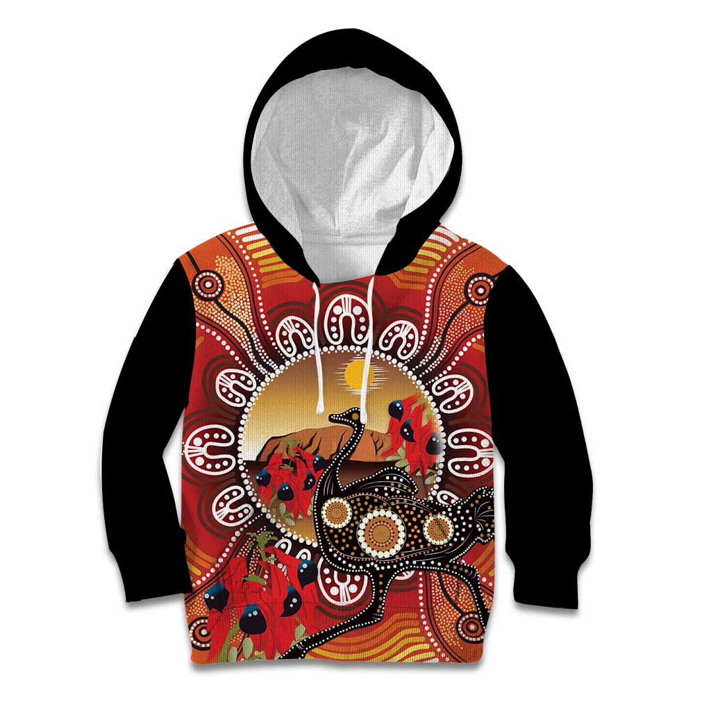 Sturt's Desert Pea And Emu Australia Kid Hoodie Uluru Aboriginal Art - Vibe Hoodie Shop