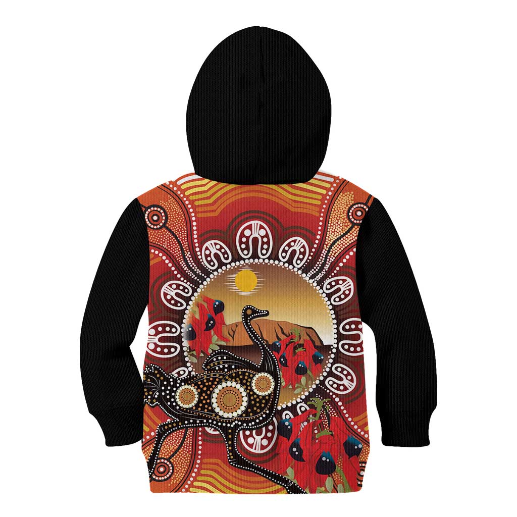 Sturt's Desert Pea And Emu Australia Kid Hoodie Uluru Aboriginal Art - Vibe Hoodie Shop