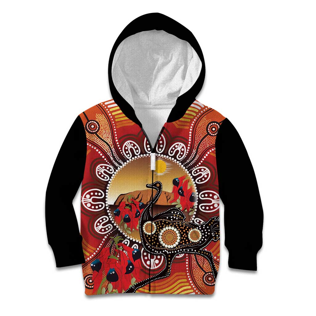Sturt's Desert Pea And Emu Australia Kid Hoodie Uluru Aboriginal Art - Vibe Hoodie Shop
