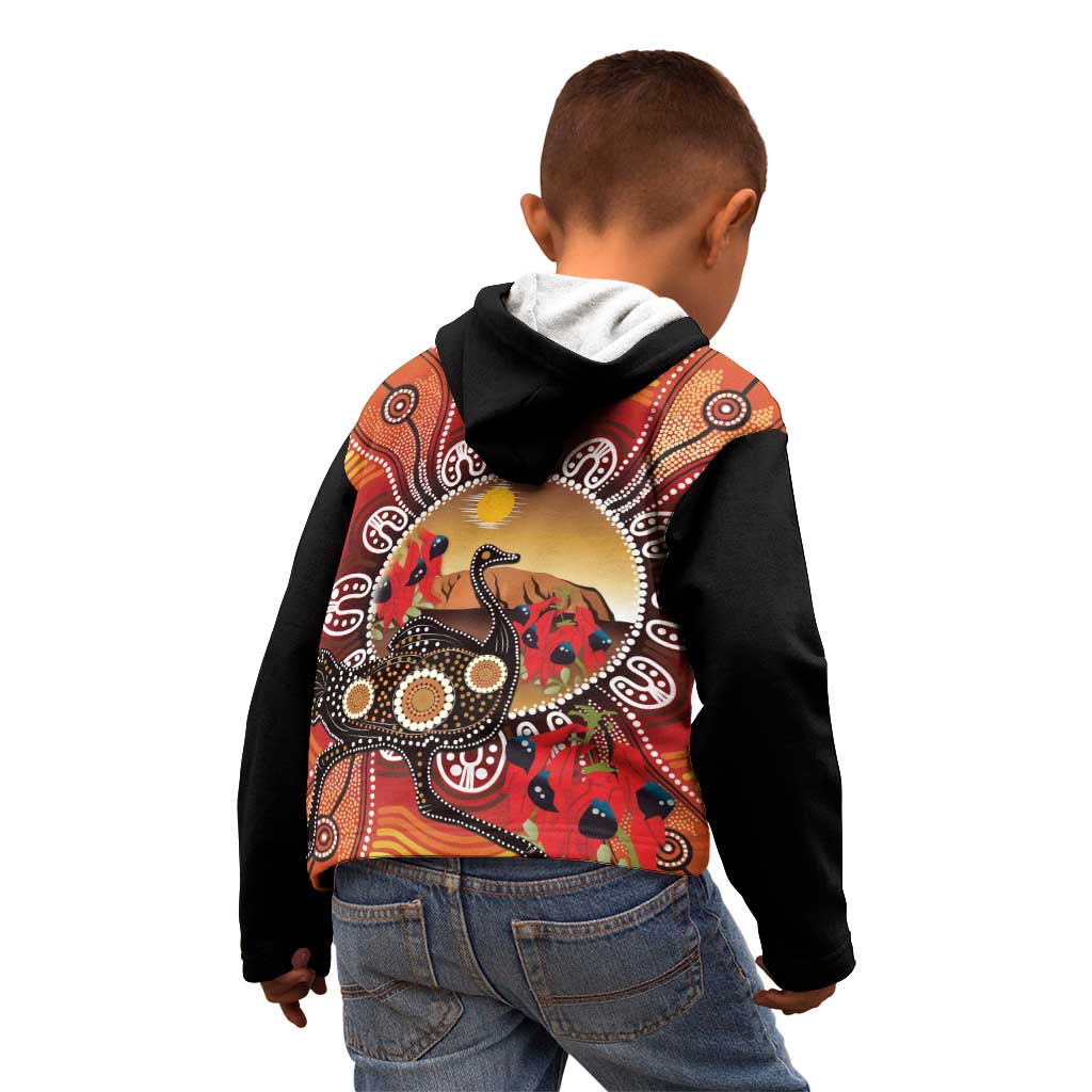 Sturt's Desert Pea And Emu Australia Kid Hoodie Uluru Aboriginal Art - Vibe Hoodie Shop