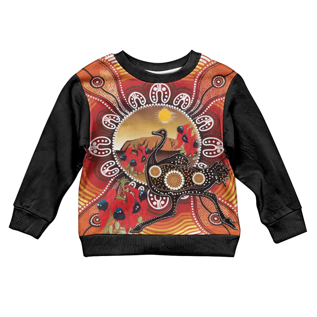 Sturt's Desert Pea And Emu Australia Kid Ugly Christmas Sweater Uluru - Aboriginal Art
