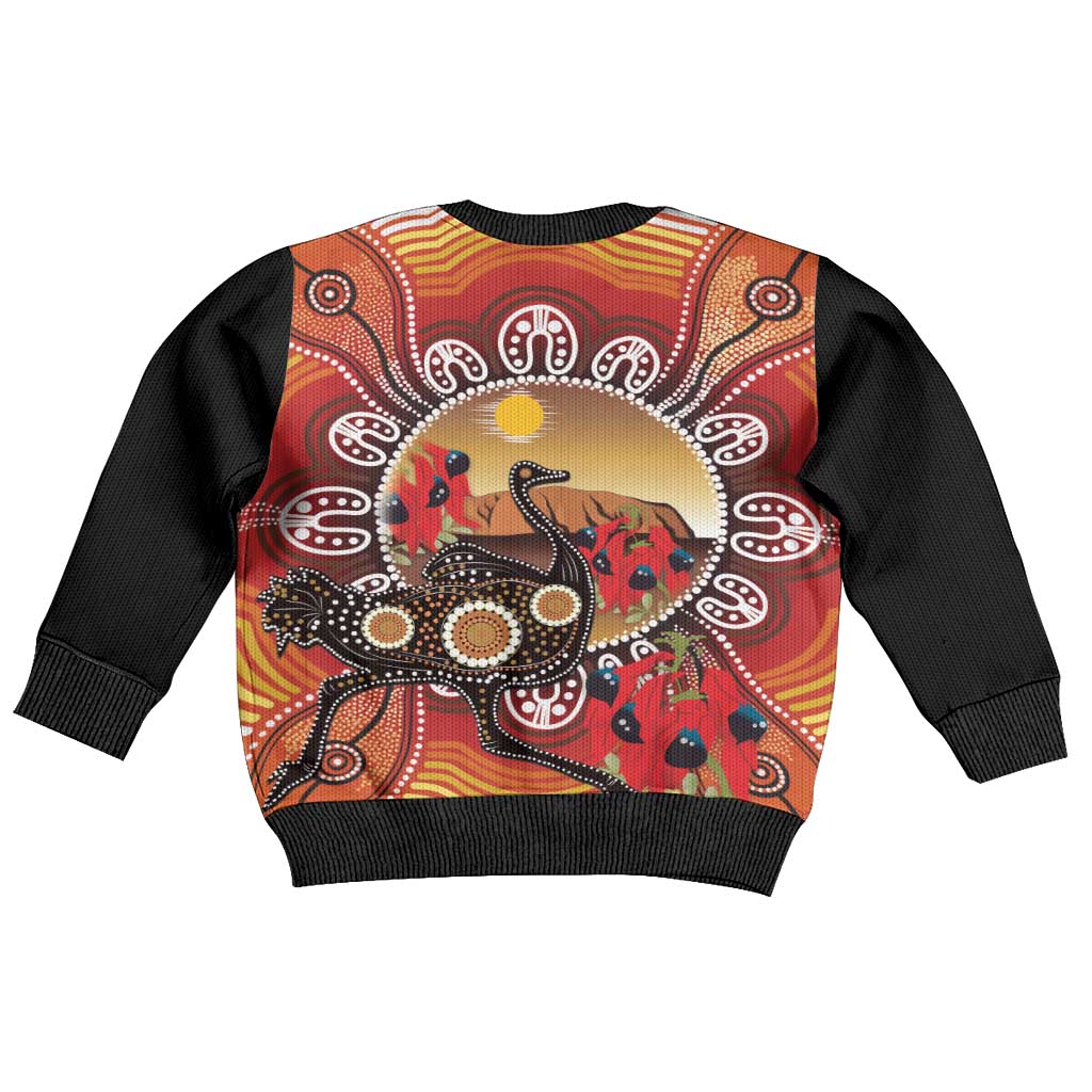 Sturt's Desert Pea And Emu Australia Kid Ugly Christmas Sweater Uluru - Aboriginal Art